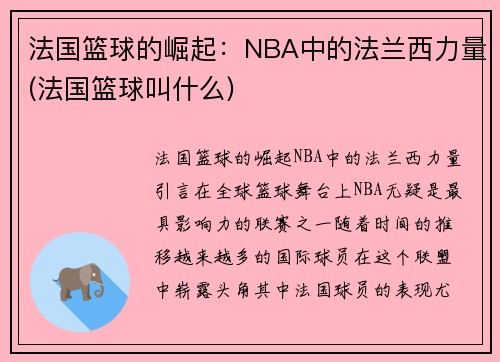 法国篮球的崛起：NBA中的法兰西力量(法国篮球叫什么)