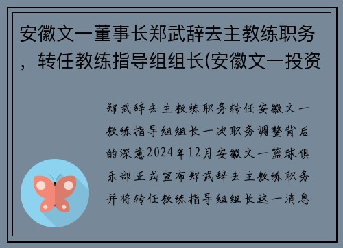 安徽文一董事长郑武辞去主教练职务，转任教练指导组组长(安徽文一投资集团真正老板)