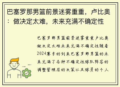 巴塞罗那男篮前景迷雾重重，卢比奥：做决定太难，未来充满不确定性