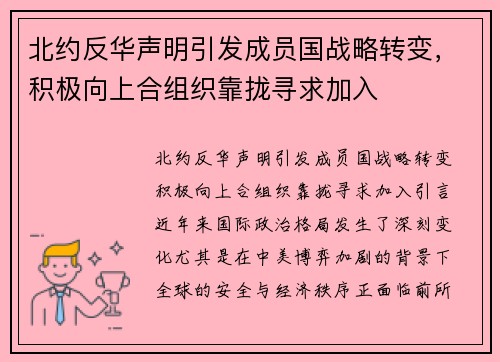 北约反华声明引发成员国战略转变，积极向上合组织靠拢寻求加入